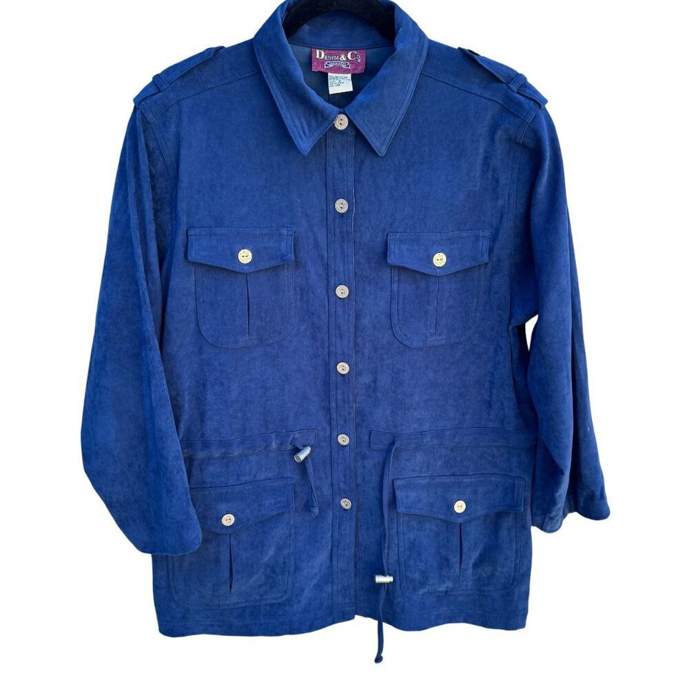 Denim & Co Vintage 80s Womens Blue Faux Suede Barn Chore Utility Work Jacket S